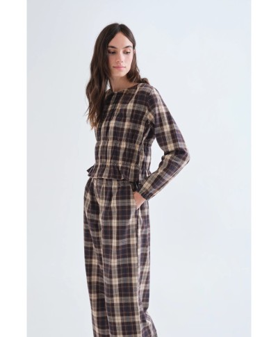 Top 100% algodón con estampado de cuadros marrón