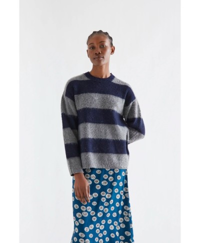 Wool blend knit sweater with navy blue and gray stripe print