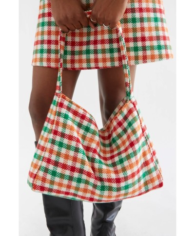 Bolso de hombro tweed con estampado de cuadro multicolor